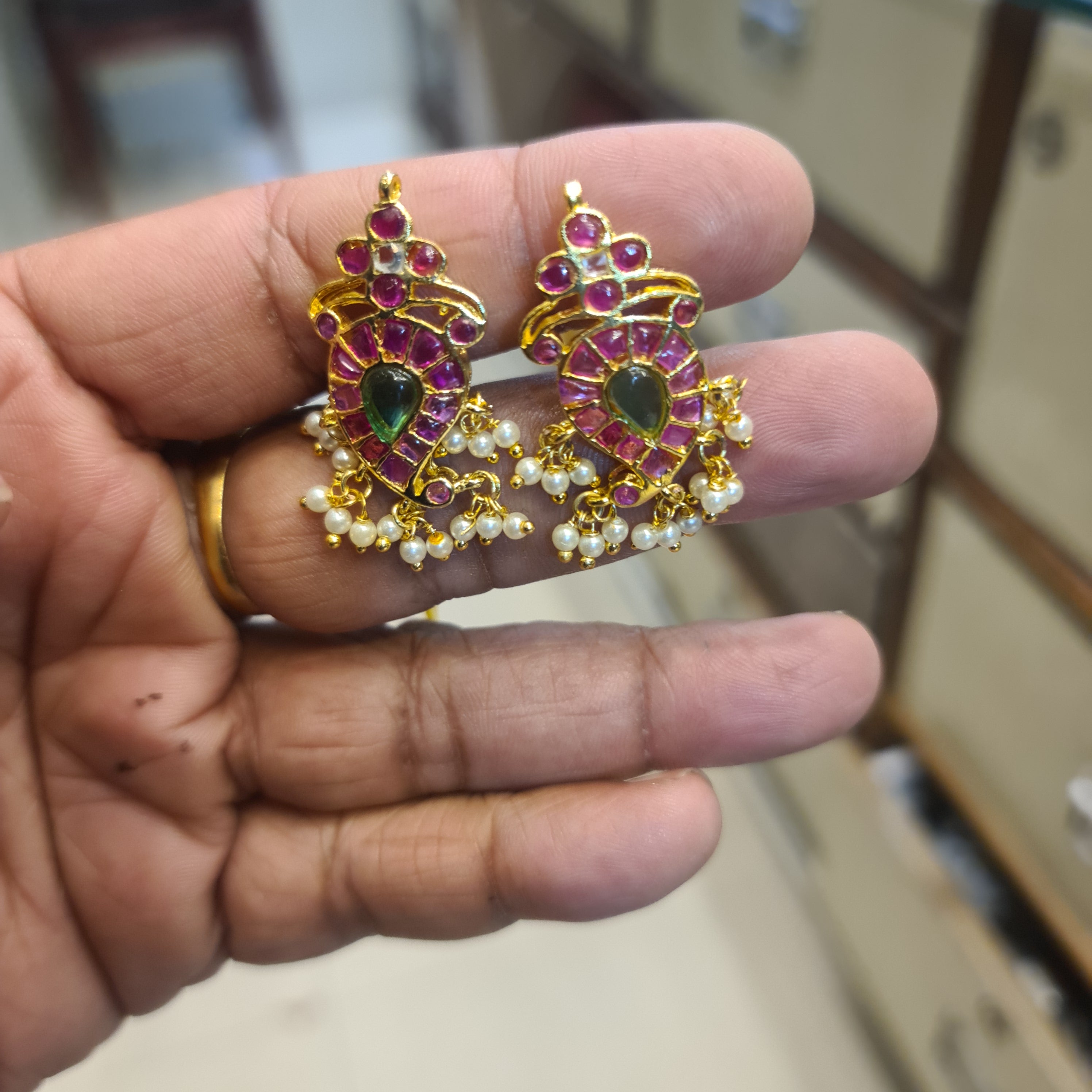 Handmade Kempu Mango Earrings with Pearl Drops | Temple Jewellery | Screw Back