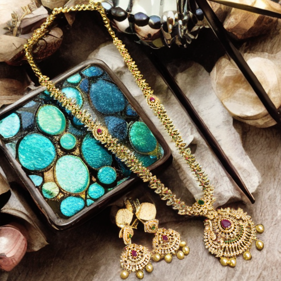 CZ Gold Plated Long Necklace Set - Traditional Temple Jewelry Design
