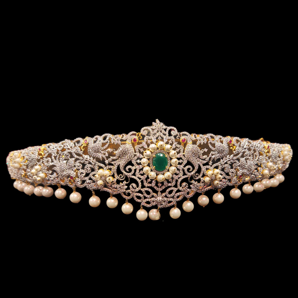 American Diamond Vaddanam - Dancing Peacock Emerald Pearl 24K Gold