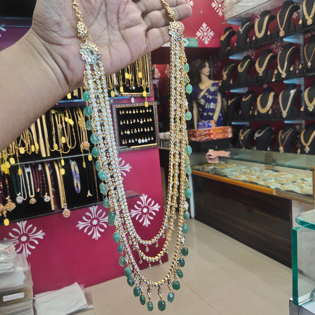 Asp Gold-Finished 3-Layered Zircon Long Necklace Set
