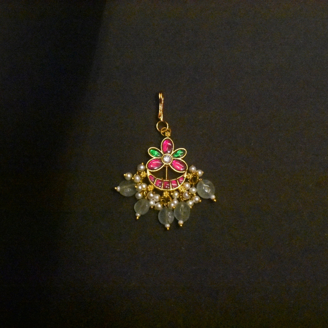 Premium Gold Plated Jadau Kundan Maang Tikka with Crystal Drops