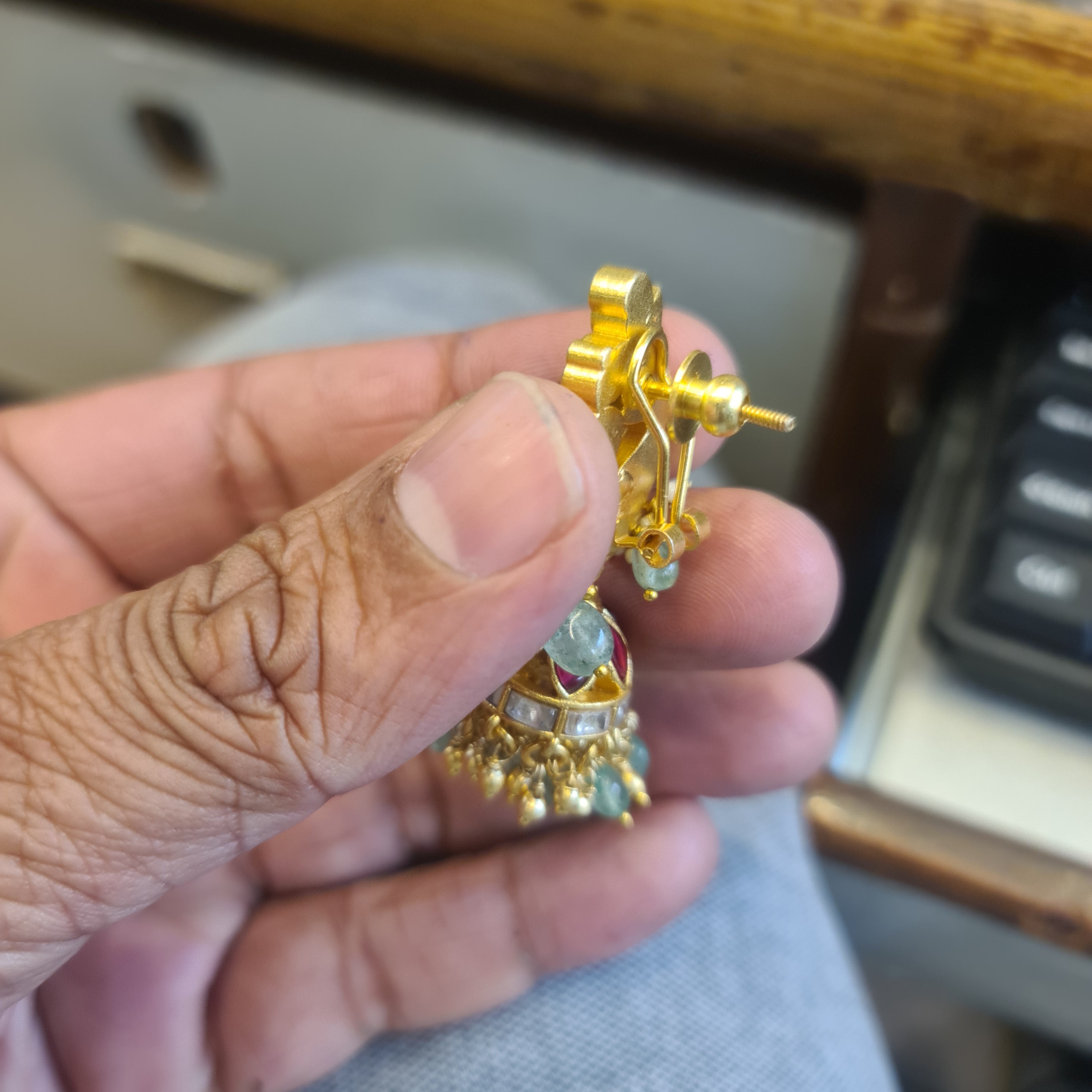 Jadau Kundan Jhumka Earrings | Ruby Pink & Emerald | Screw Back & Clip-On | 5cm