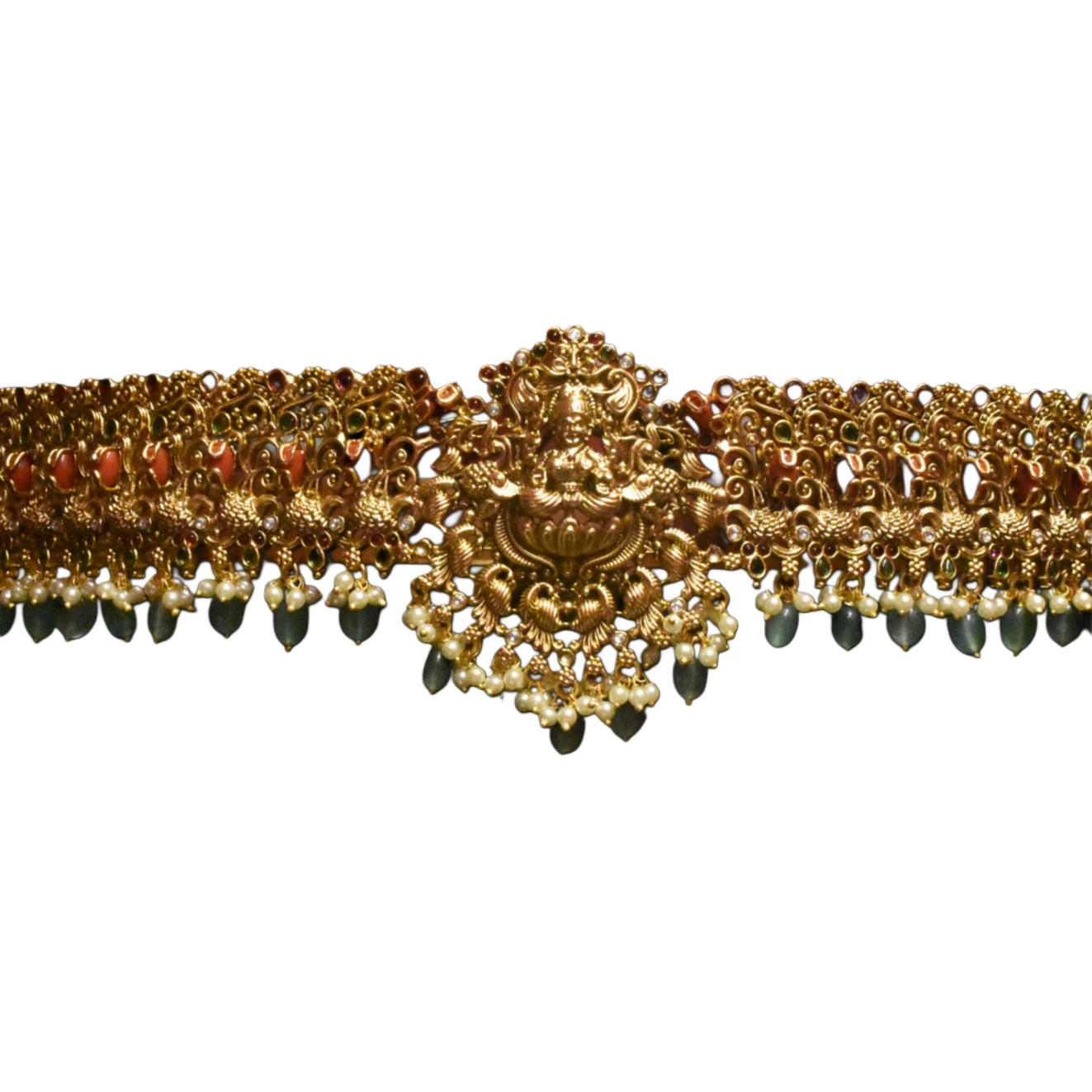 "Goddess Lakshmi's Blessing: A Stunning Antique Vaddanam Adorned with Coral & Kempu Stones for Your Wedding Day"