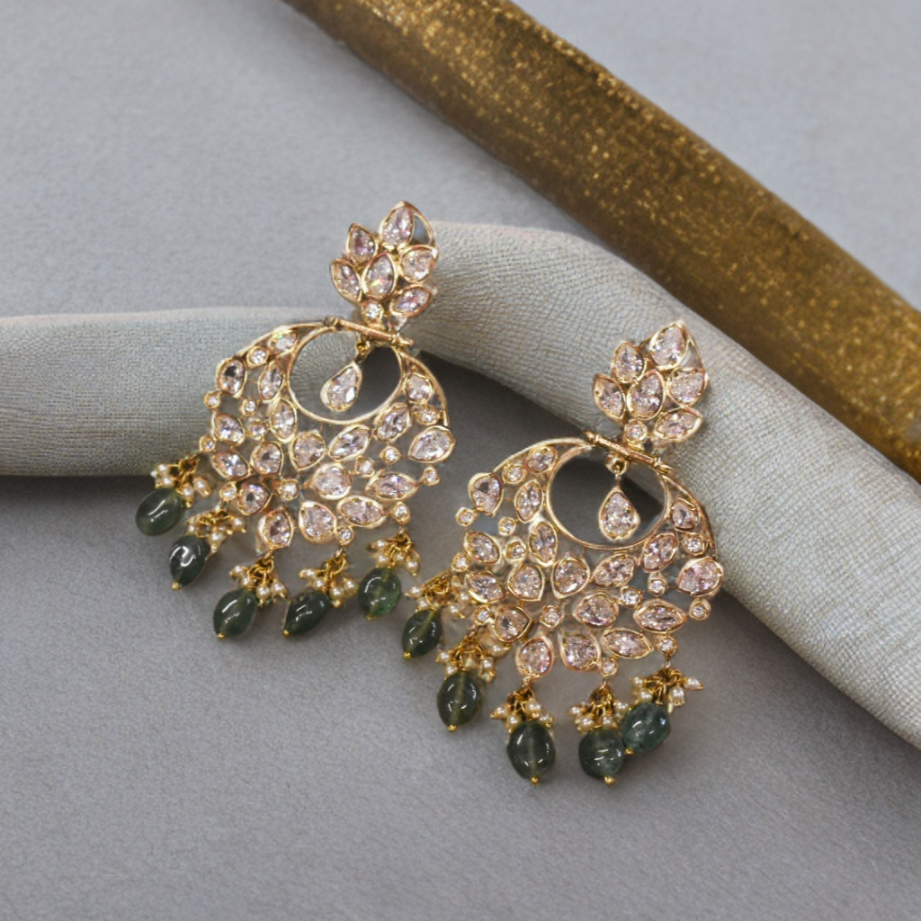 Green Beaded 24K Gold Plated Screw Back Zircon Chandbali