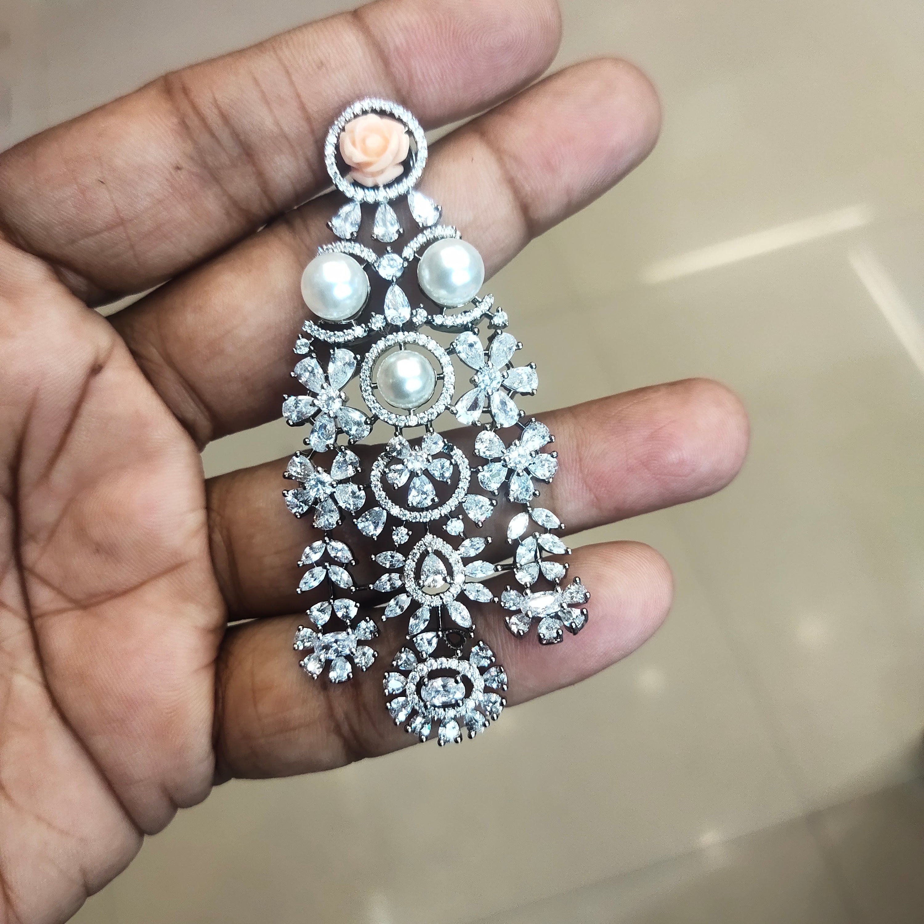 Pink Flower Beads Pearl Diamond Victorian Choker Set - Hyderabadi Bridal Jewelry