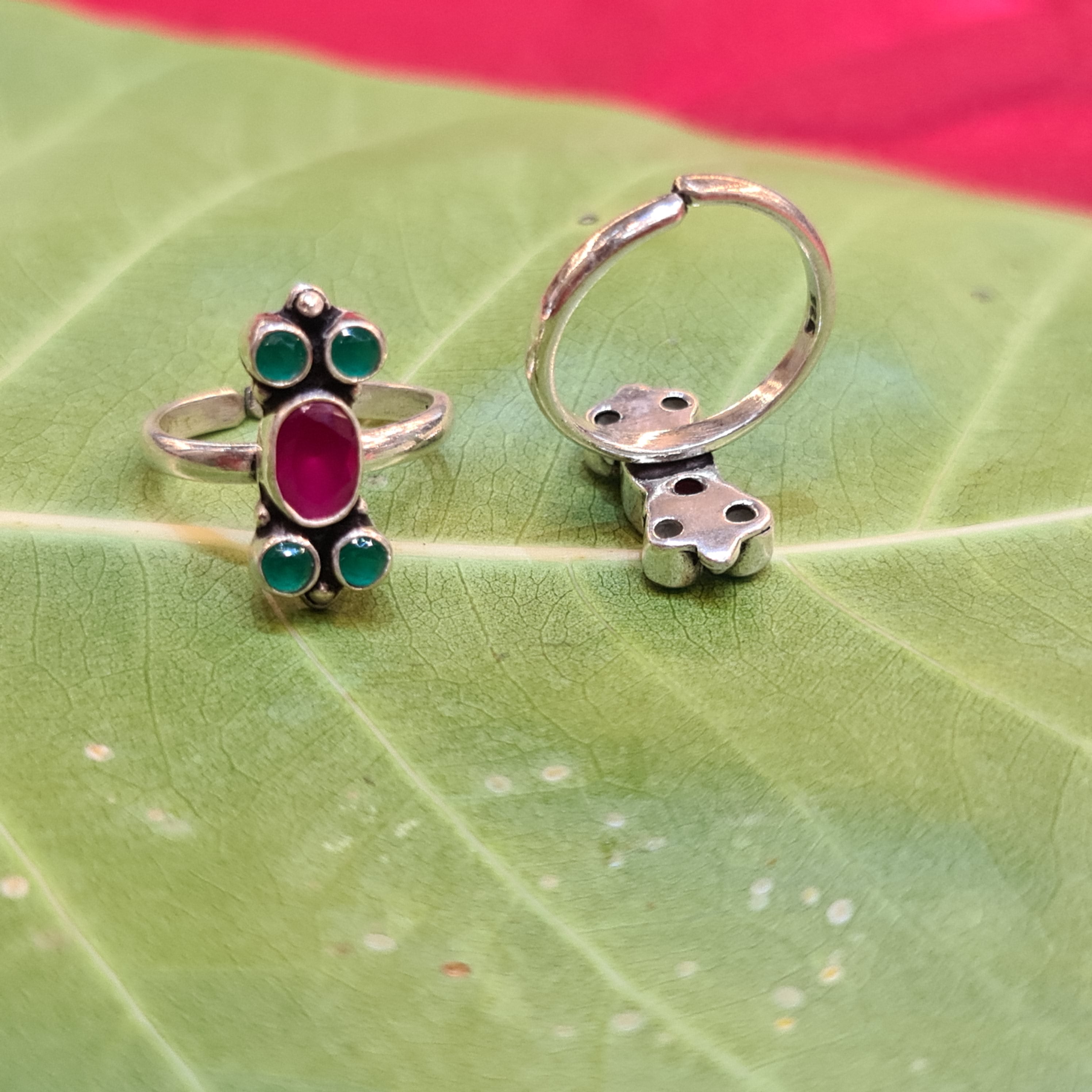 925 Sterling Silver Ruby Emerald Toe Rings - Premium Gemstone Bichiya 6.8g