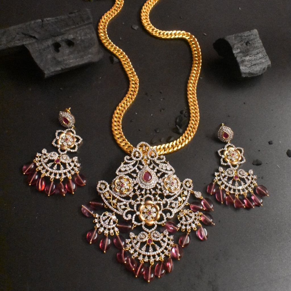 American Diamond Pendant Chain Set - 28 Inch Long Necklace with Earrings