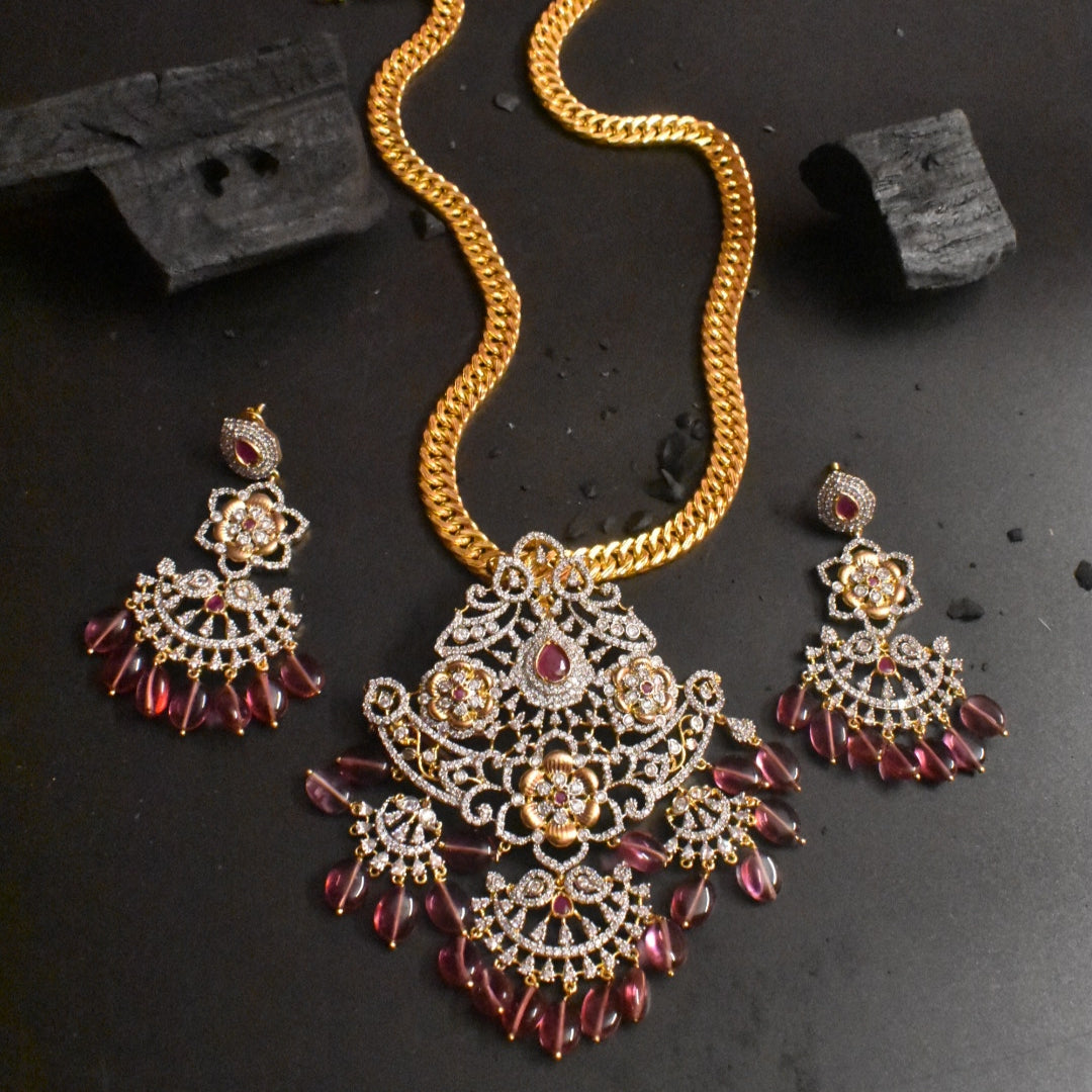 American Diamond Pendant Chain Set - 28 Inch Long Necklace with Earrings