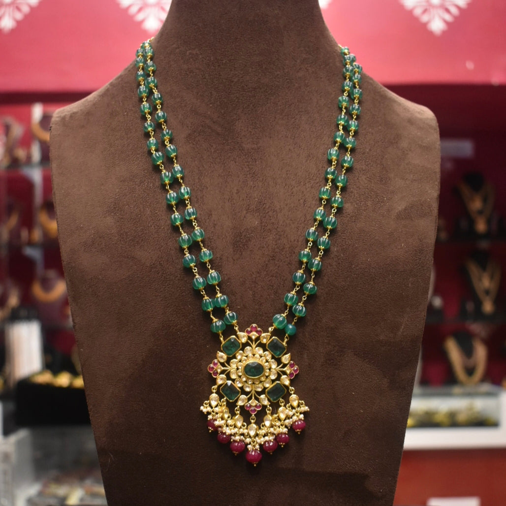Asp Silver Jadau Kundan Pendant With Emeralds Beaded Necklace