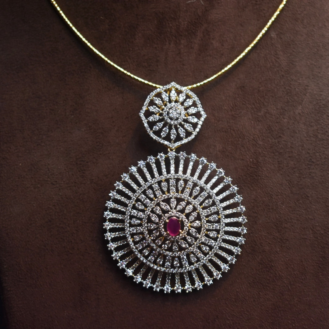 Gold Plated American Diamond Pendant Set with Earrings - 24K GJ Finish