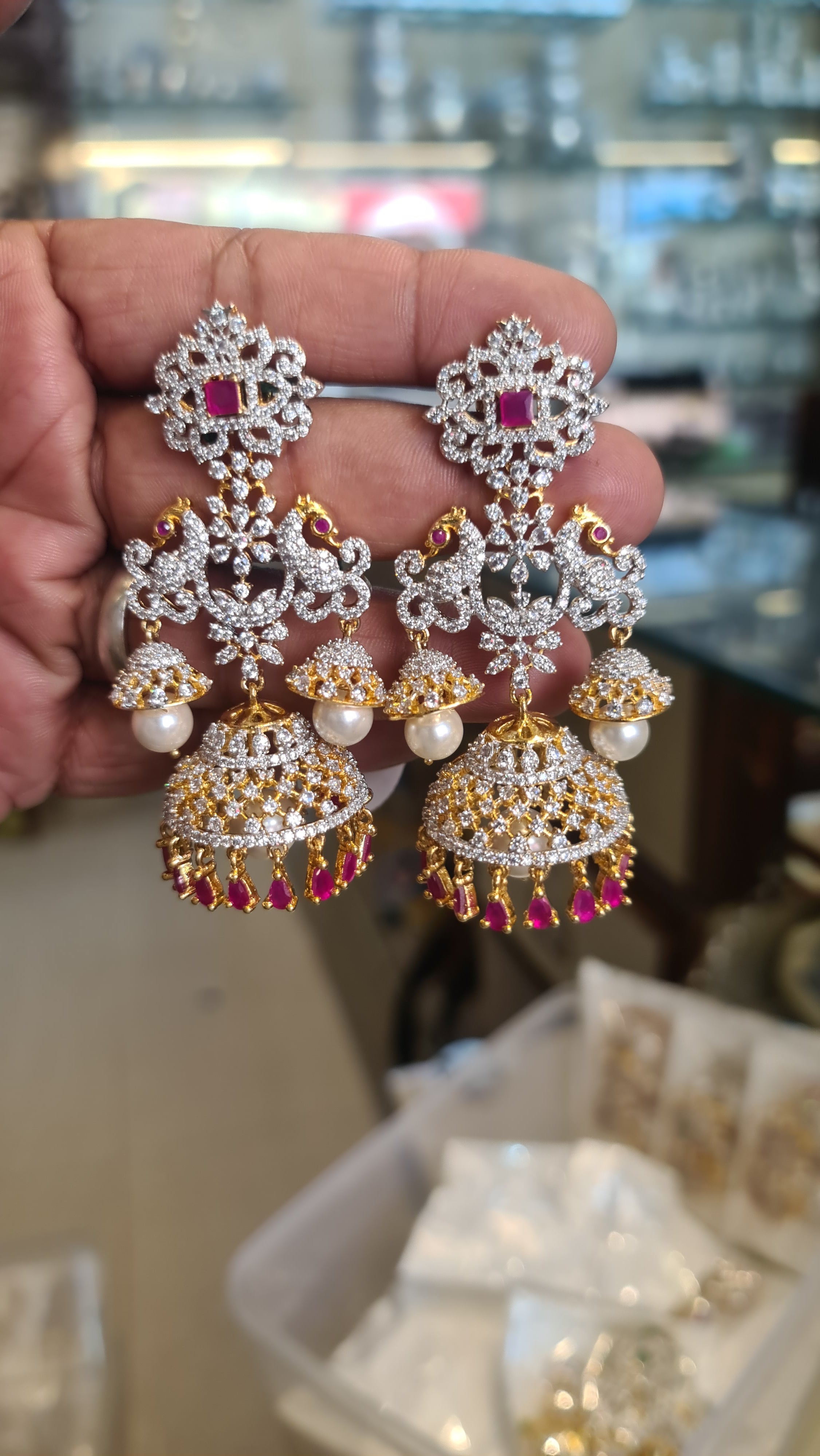 American Diamond Peacock Double Jhumka Earrings | Pearl Drop | Screw Back