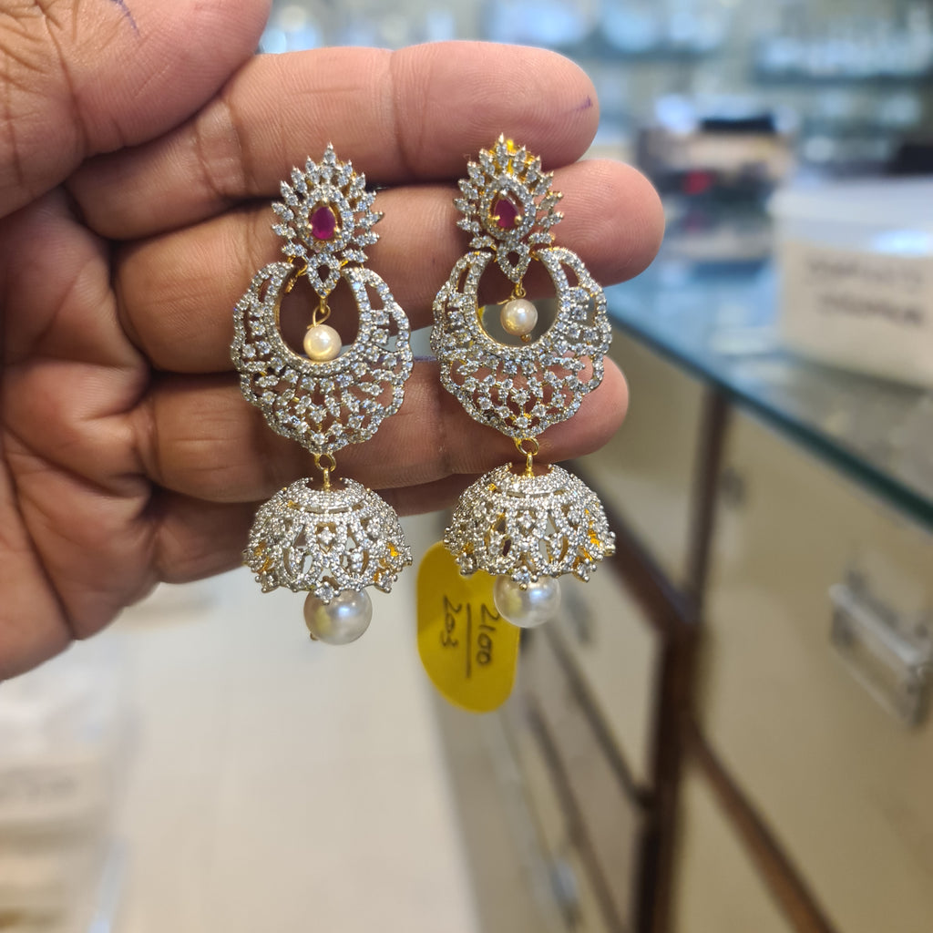 Diamond Finish CZ Chandbali Jhumka Earrings with Pearl Drop