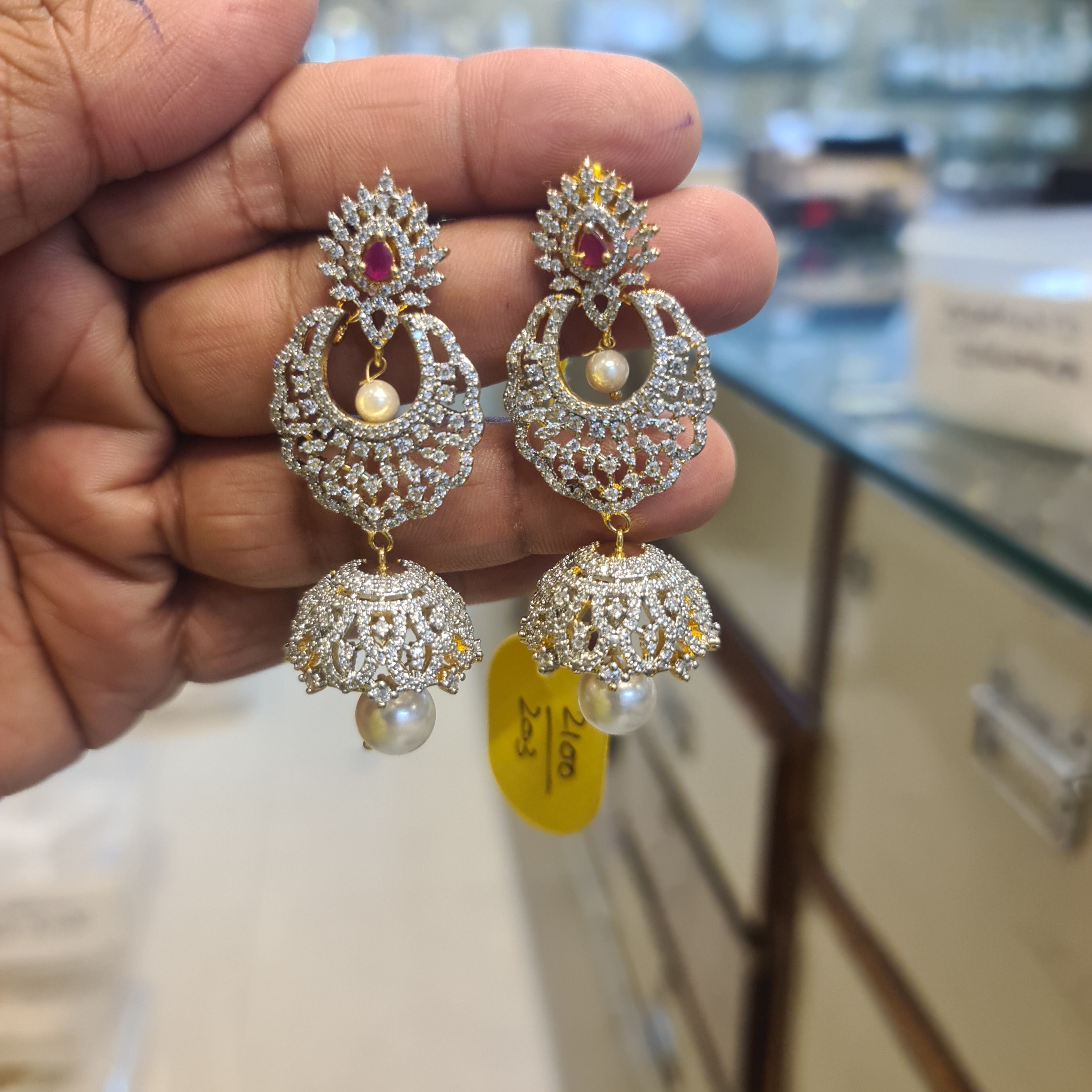 Diamond Finish CZ Chandbali Jhumka Earrings with Pearl Drop