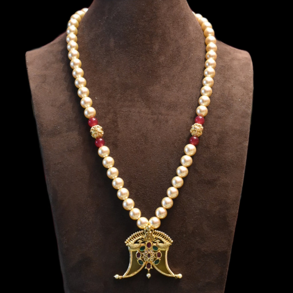 Navratna Puligoru Locket with Pearl Necklace - Luxury Groom Jewelry
