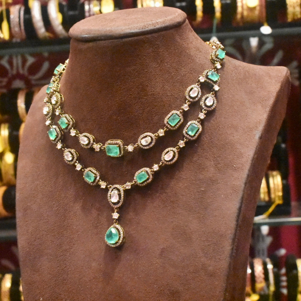 Asp  Victorian Green Emeralds Polki Kundan Necklace Set