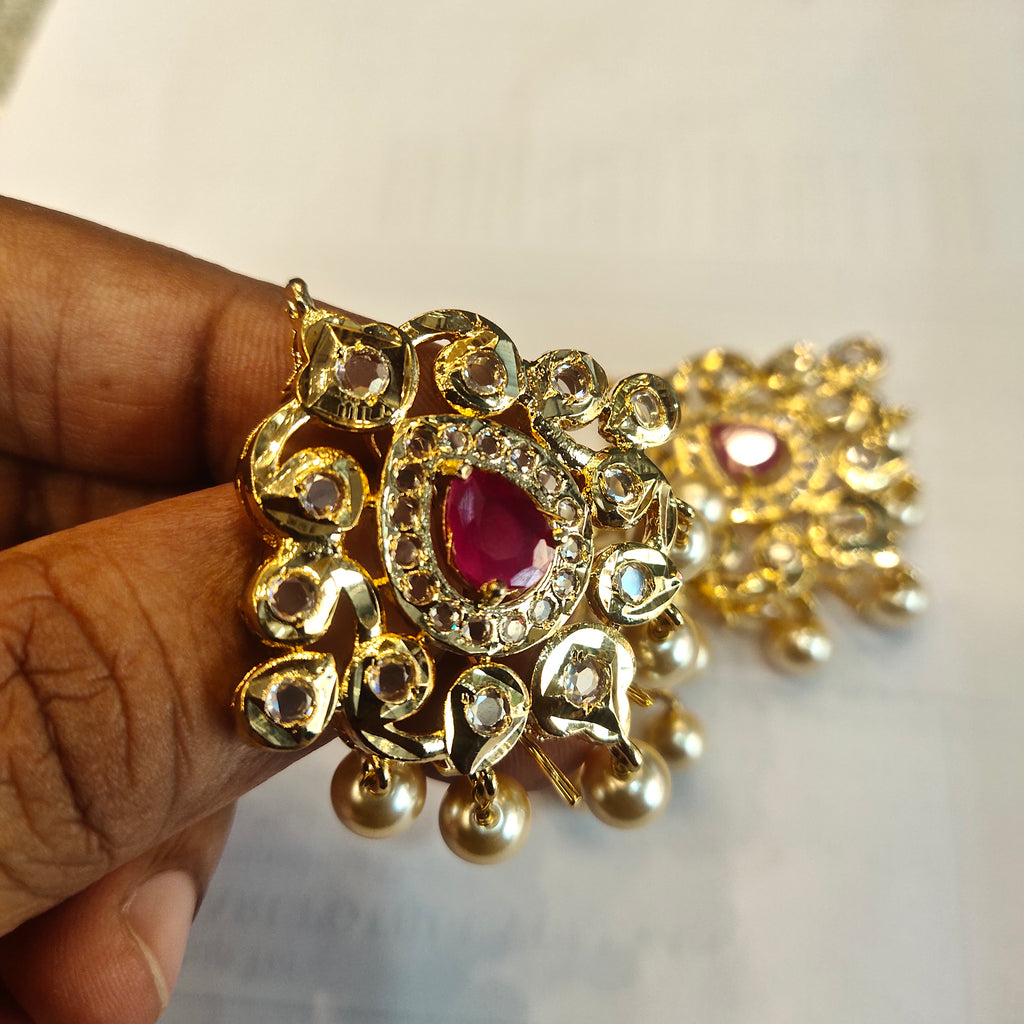 24K Gold Plated Polki Jada Billalu Set - 3 Piece South Indian Bridal Hair Jewelry