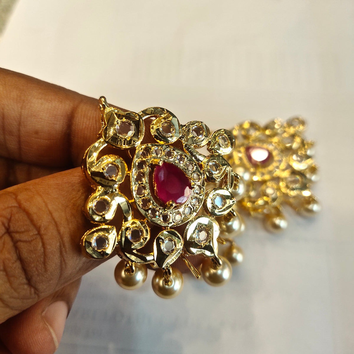 24K Gold Plated Polki Jada Billalu Set - 3 Piece South Indian Bridal Hair Jewelry 432720587451