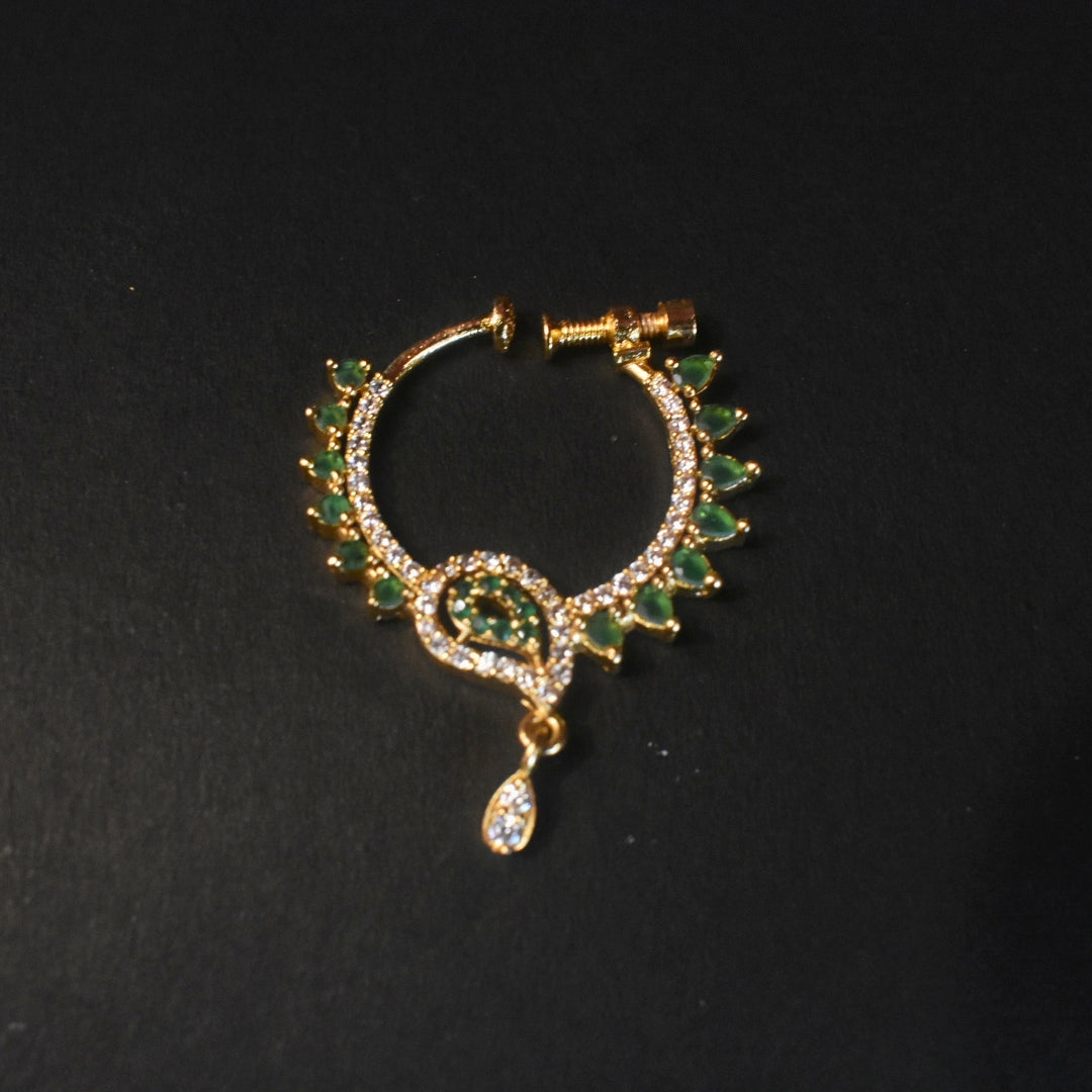 24K Gold Plated South Indian Nath | No Piercing Nose Ring with Zircon Stones