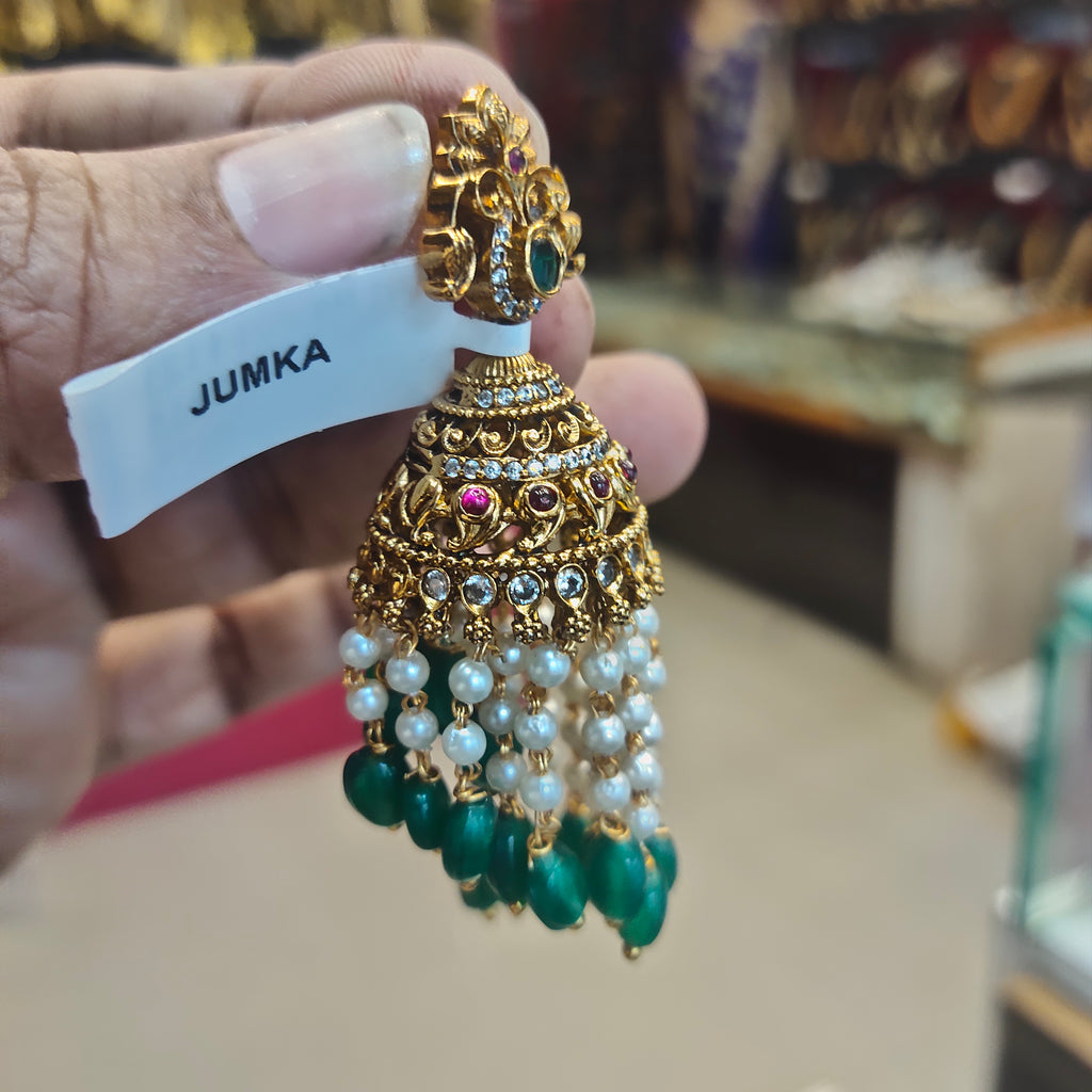 Antique Jhumka Earrings with Pearls & Emerald Beads | 7cm Long Traditional Jewellery