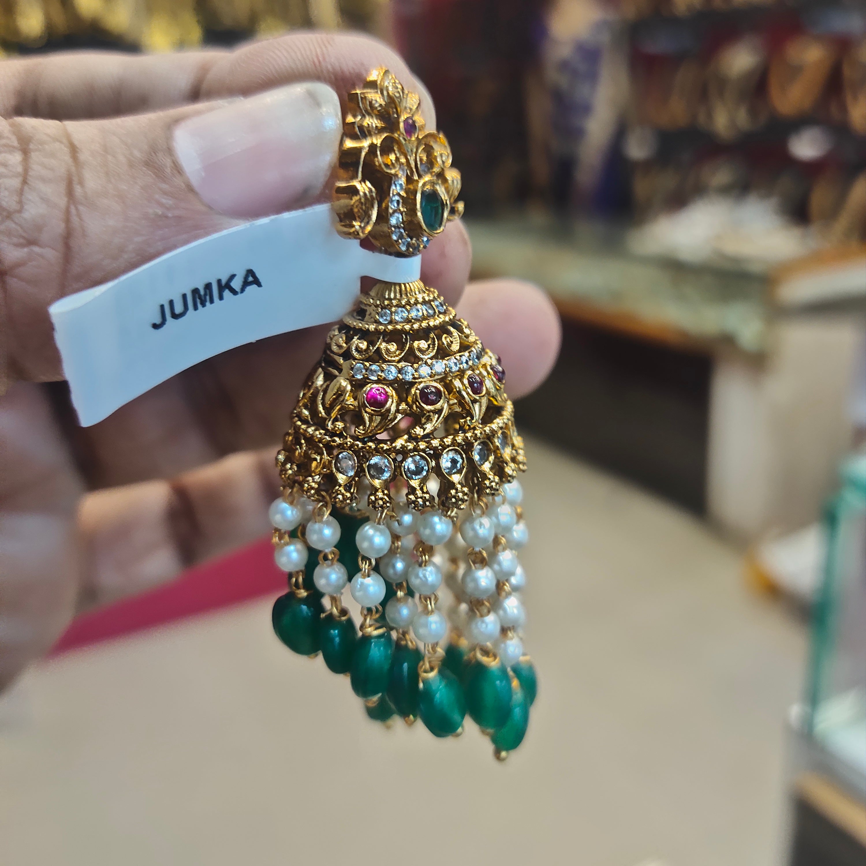 Antique Jhumka Earrings with Pearls & Emerald Beads | 7cm Long Traditional Jewellery