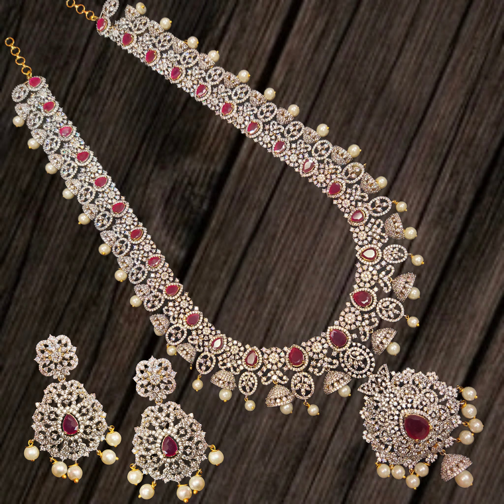 CZ Ruby & Pearl Bridal Haram Set | 24K Gold Plated Long Necklace with Earrings