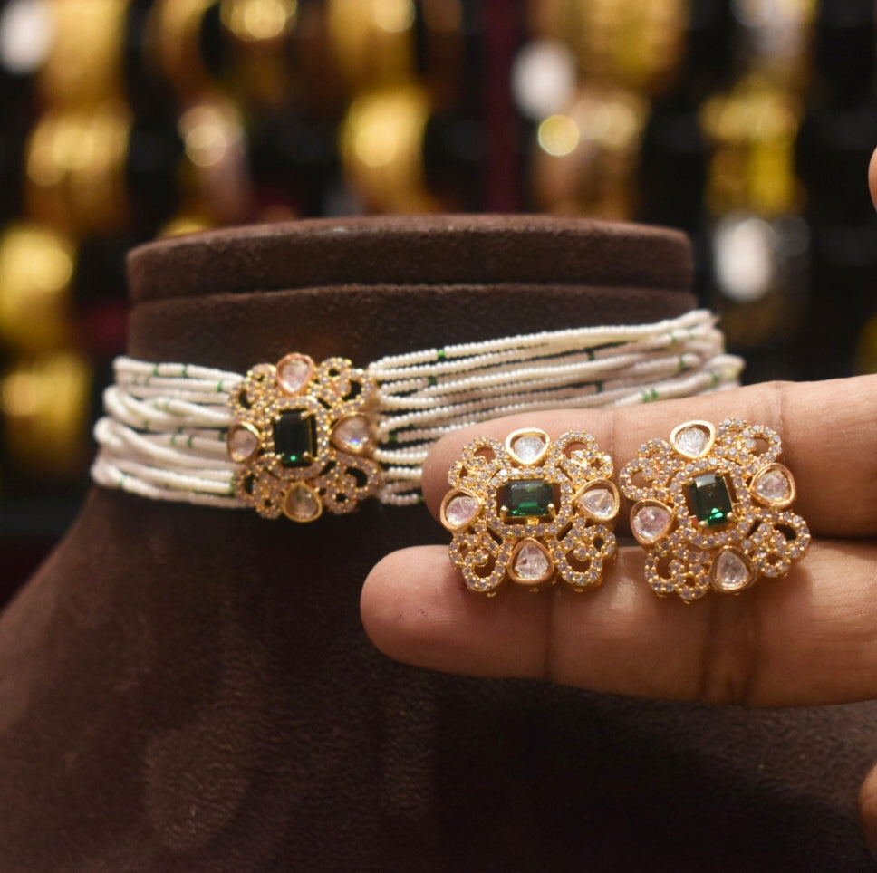 Asp Green Kundan Beaded Gold Plated Choker Necklace Set
