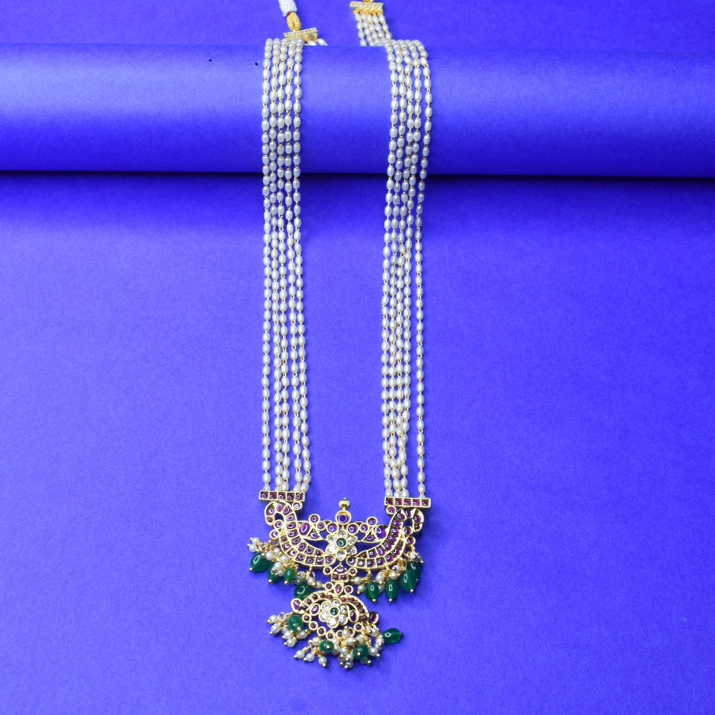 Rice Pearl & Kemp Rani Haar Set | 24K Gold Plated South Indian Necklace with Earrings