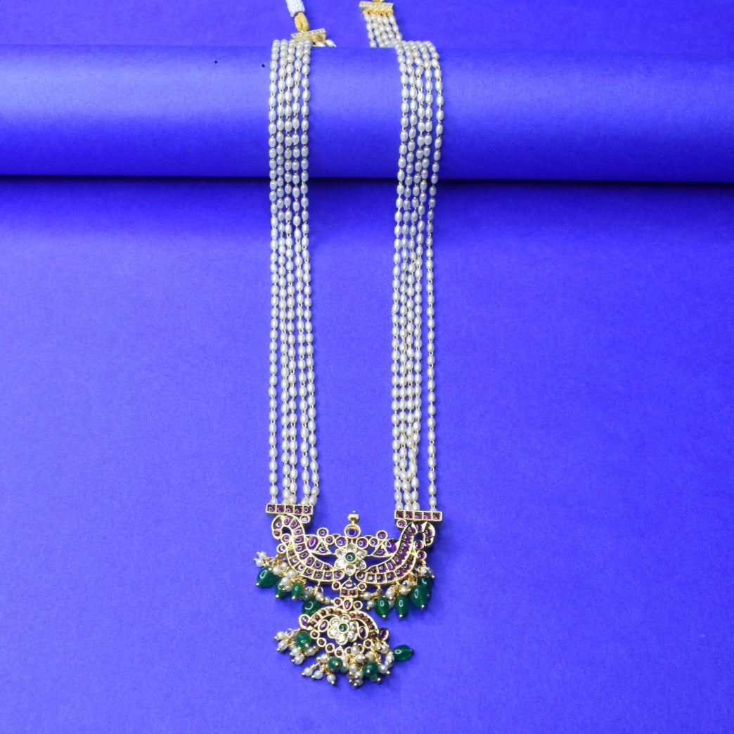 Rice Pearl & Kemp Rani Haar Set | 24K Gold Plated South Indian Necklace with Earrings