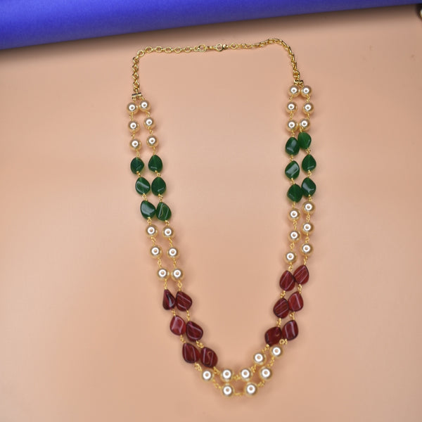 "Elegant Elegance: Double Layered Pearl, Ruby, and Emerald Necklace for Timeless Style"