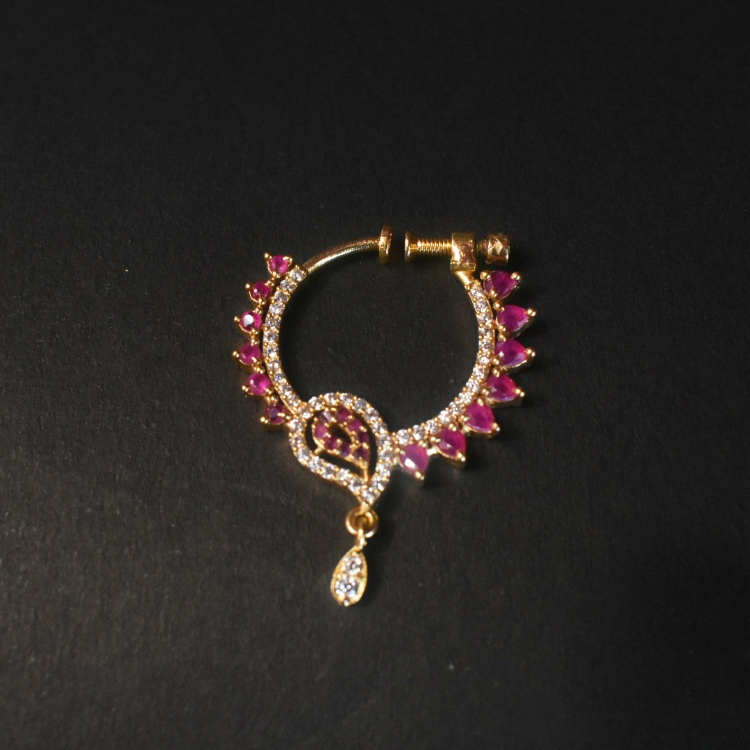 24K Gold Plated South Indian Nath | No Piercing Nose Ring with Zircon Stones