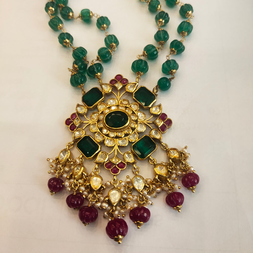 Asp Silver Jadau Kundan Pendant With Emeralds Beaded Necklace