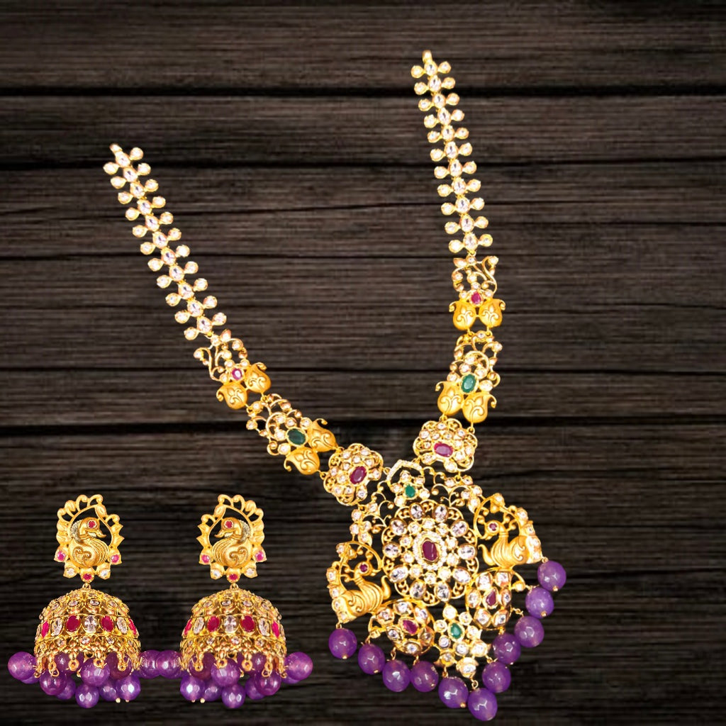 Designer CZ Middle Haram - 24K Gold Peacock Design Wedding Necklace Set