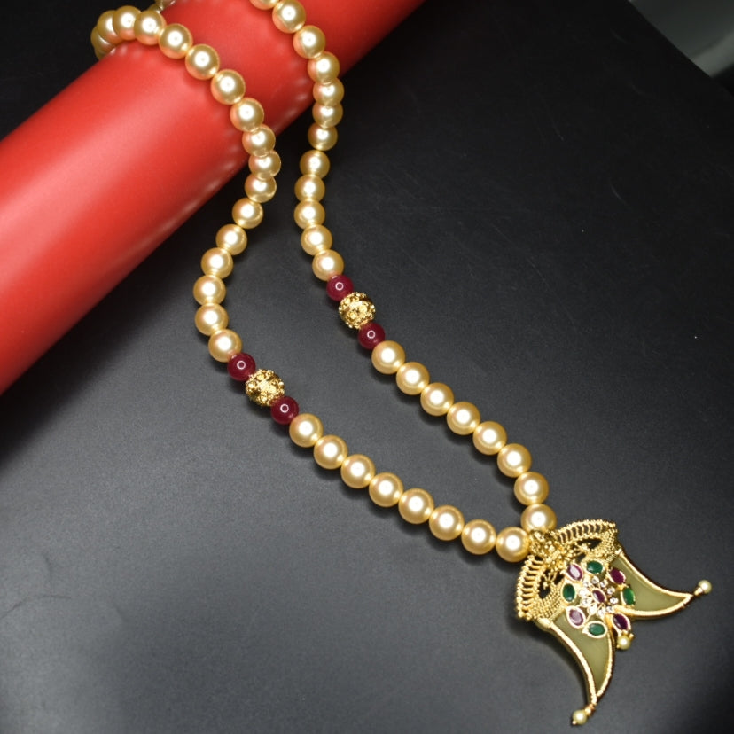 Navratna Puligoru Locket with Pearl Necklace - Luxury Groom Jewelry
