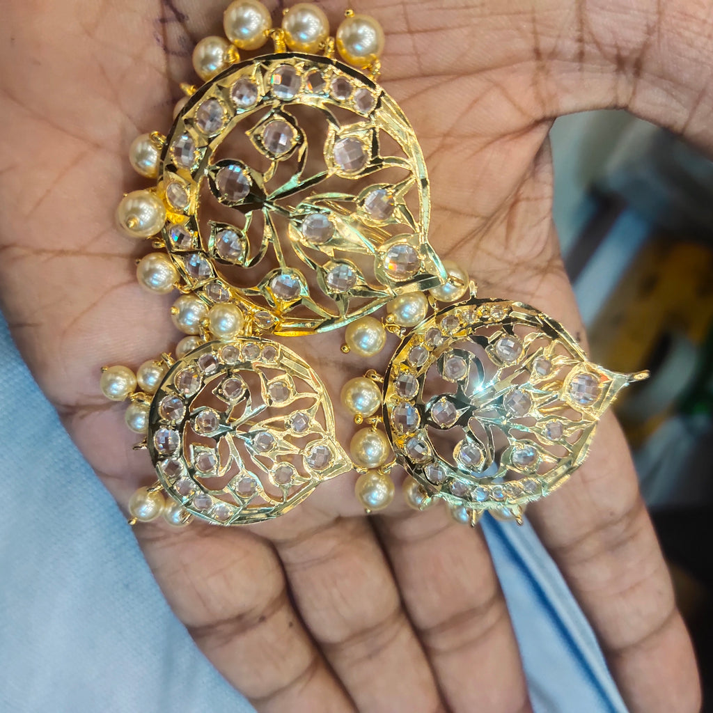 Traditional Polki Jada Billau Set - 24K Gold Plated 3 Piece Bridal Hair Jewelry