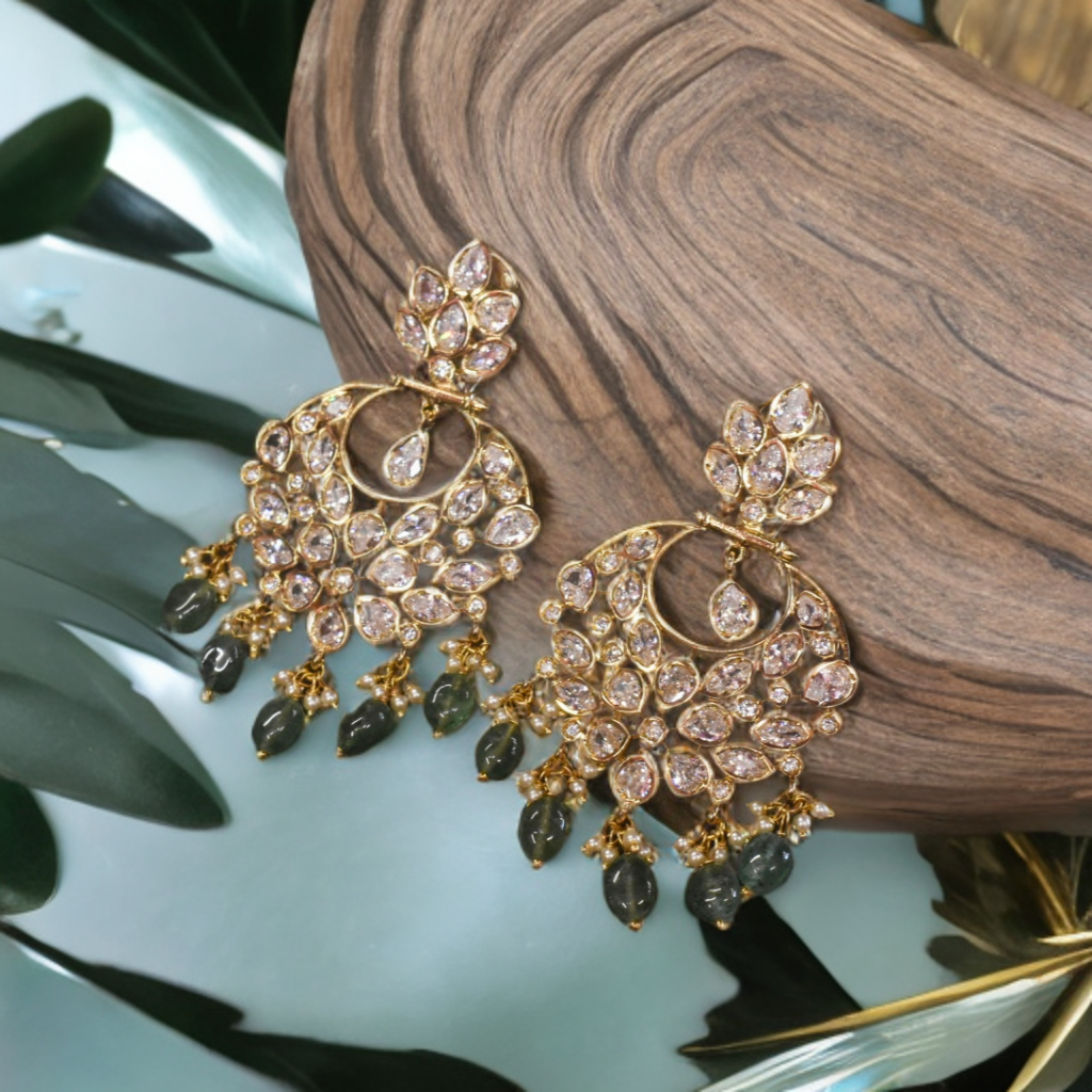 Green Beaded 24K Gold Plated Screw Back Zircon Chandbali