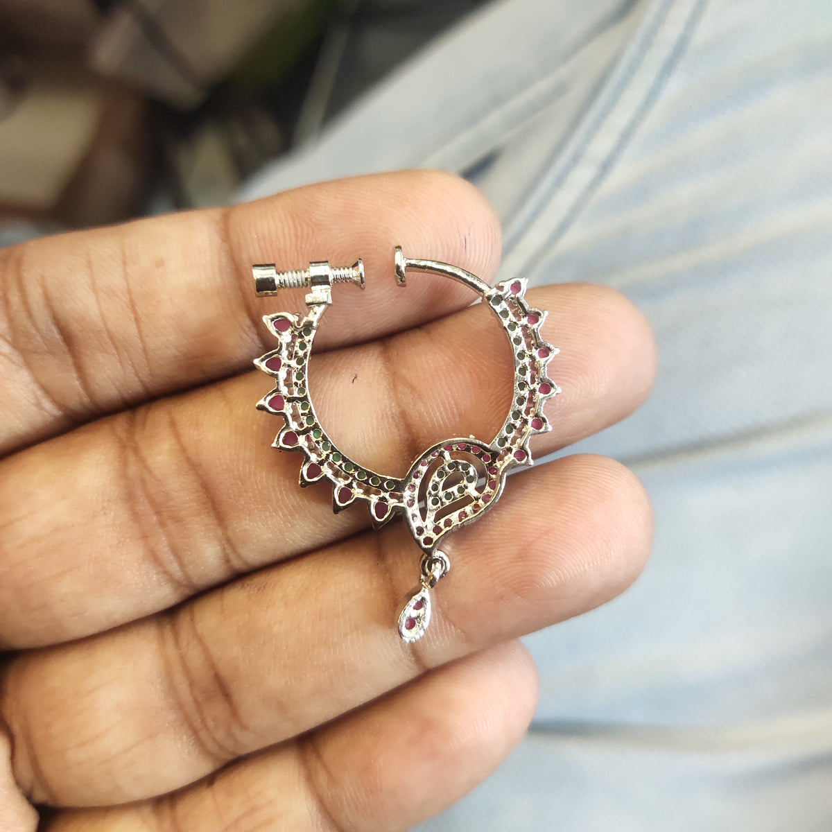 White Rhodium Plated South Indian Nath | No Piercing Nose Ring with Zircon Stones