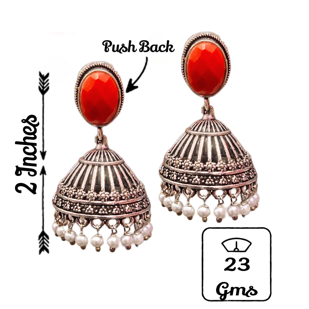 Traditional Oxidized Silver Jhumka - Red Pearl Embellished Earrings