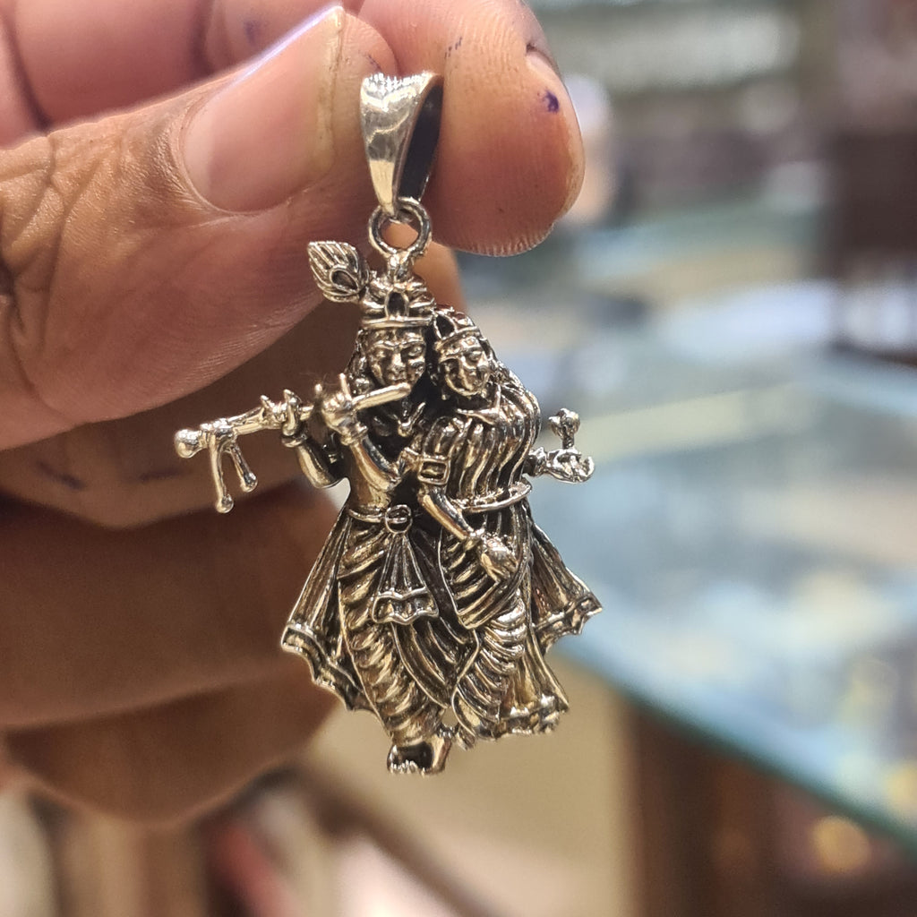 Silver Radha Krishna Pendant - Divine Love Symbol Jewelry