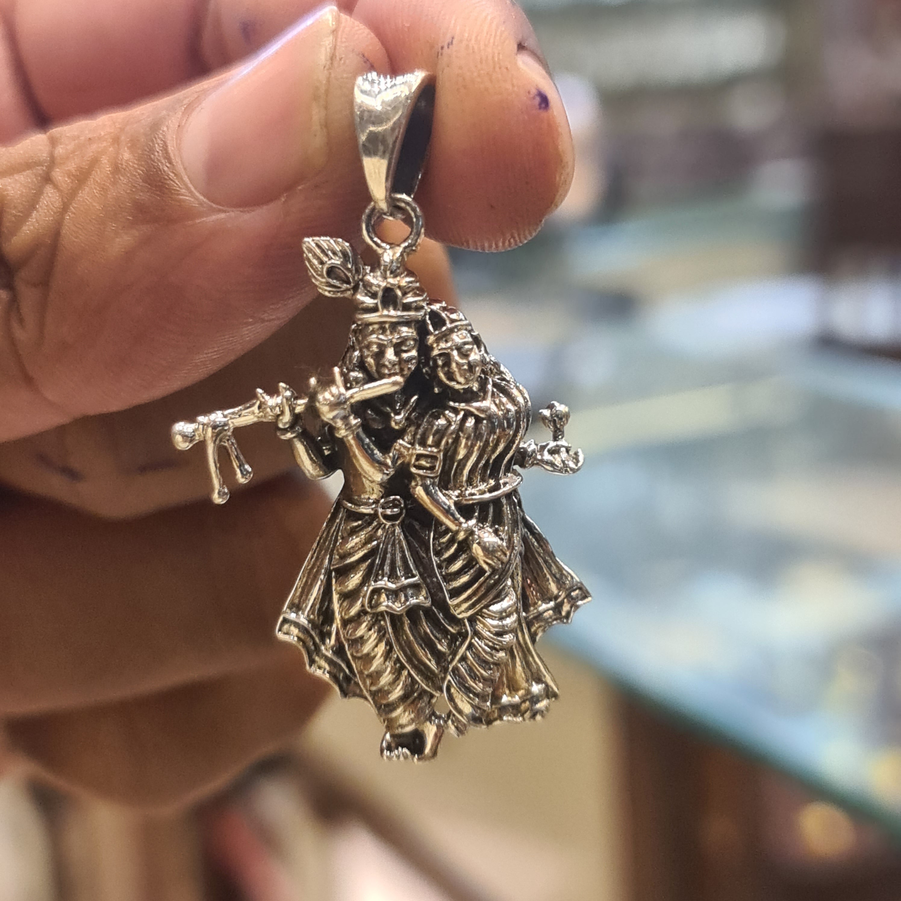 Silver Radha Krishna Pendant - Divine Love Symbol Jewelry