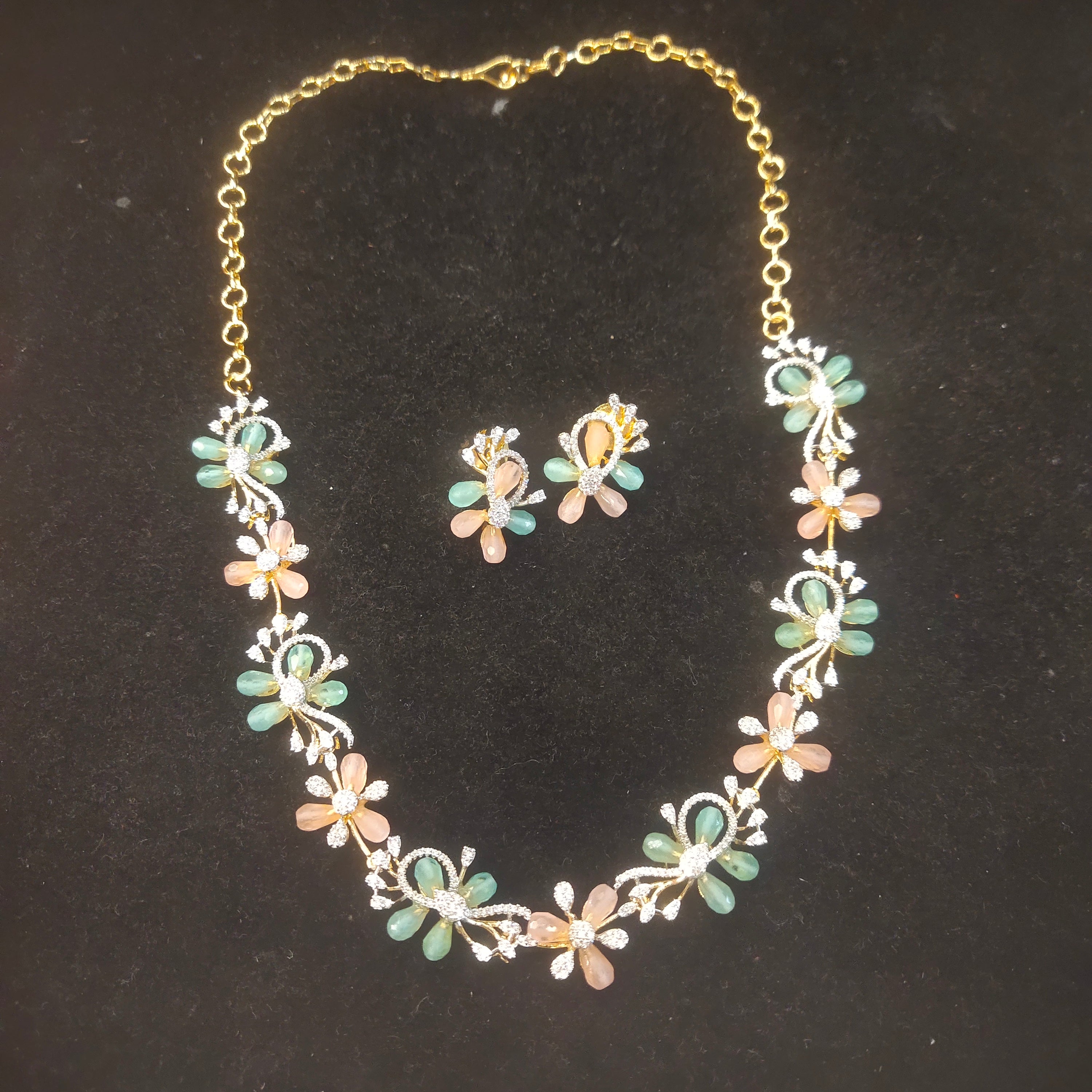 Floral Gemstone Necklace & Earring Set – Mint Green & Blush Pink