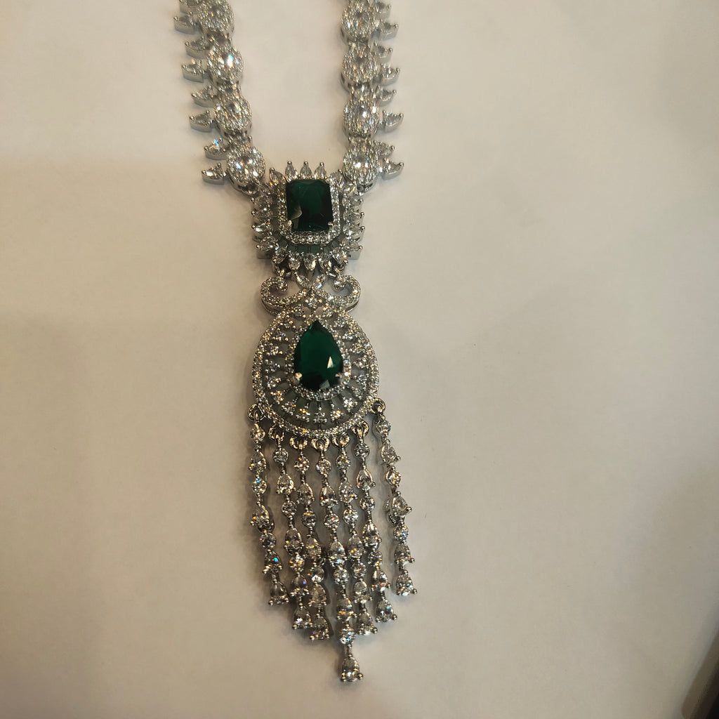 Rhodium Plated Green Emerald Zircon Necklace Set - Western Style