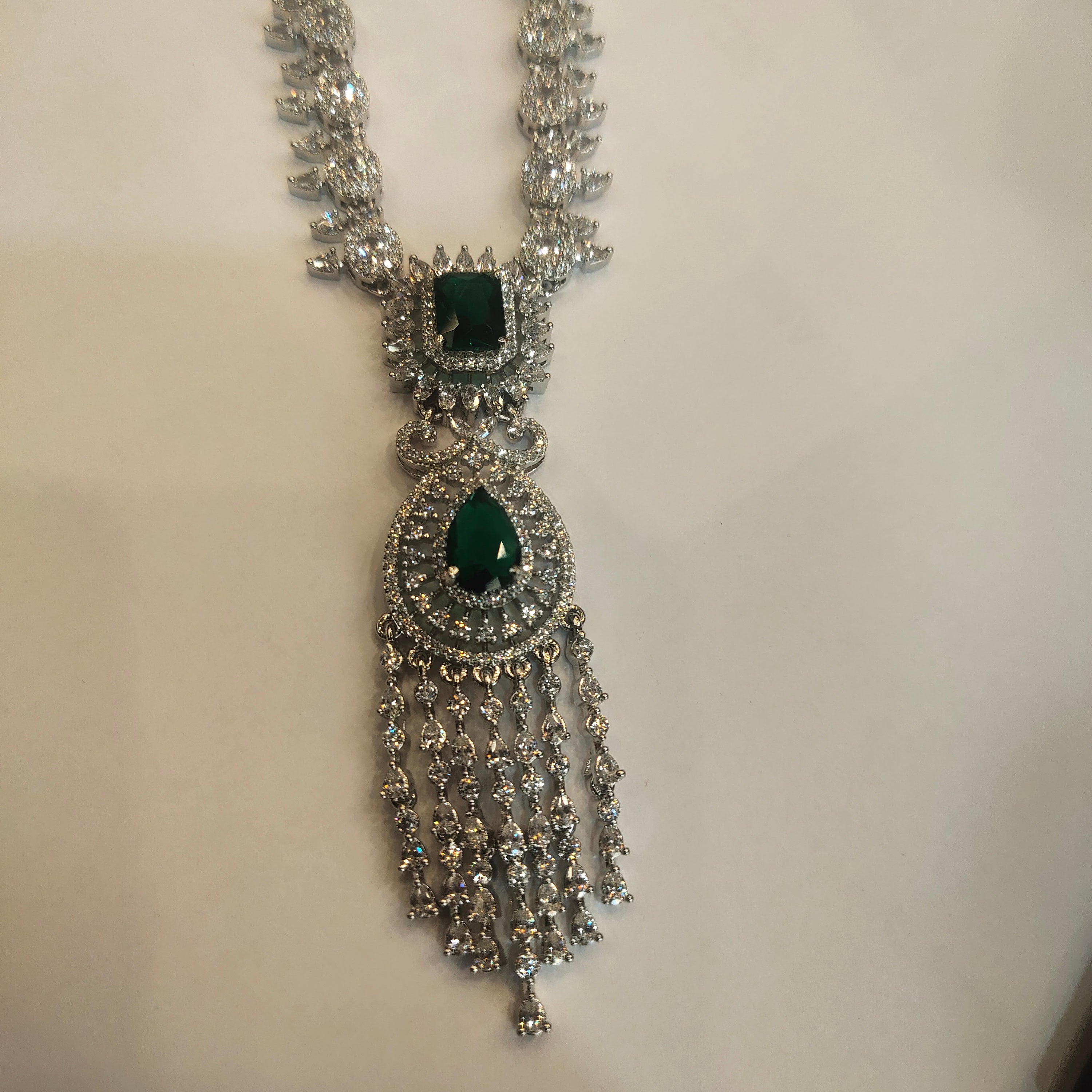 Rhodium Plated Green Emerald Zircon Necklace Set - Western Style