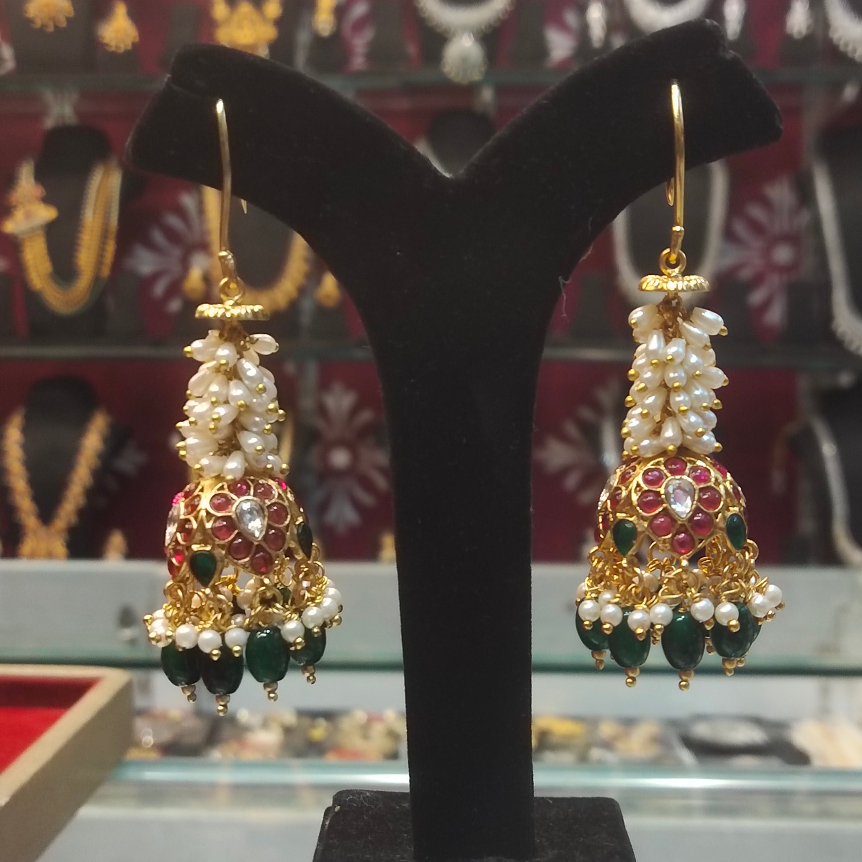 Traditional Temple Hook Earrings with Pearls and Gemstones