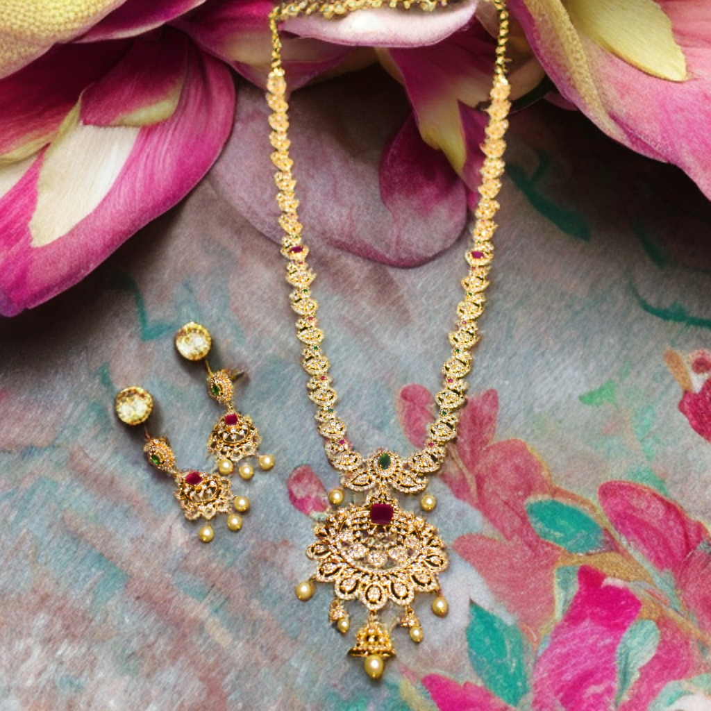 CZ Gold Plated Long Necklace Set - Sophisticated Bridal Jewelry Collection