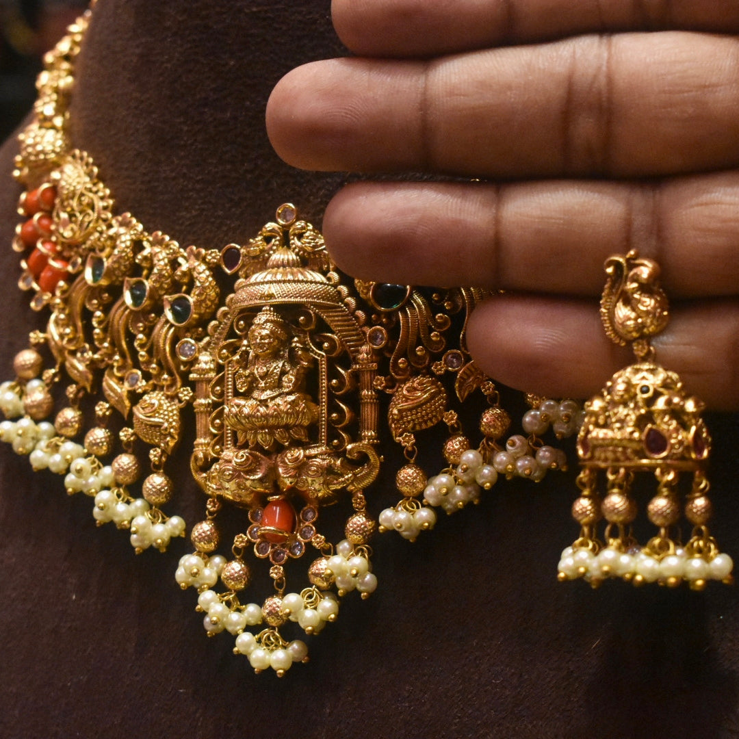 Antique Coral Laxmi Bridal Necklace Set - Traditional Indian Wedding Jewelry