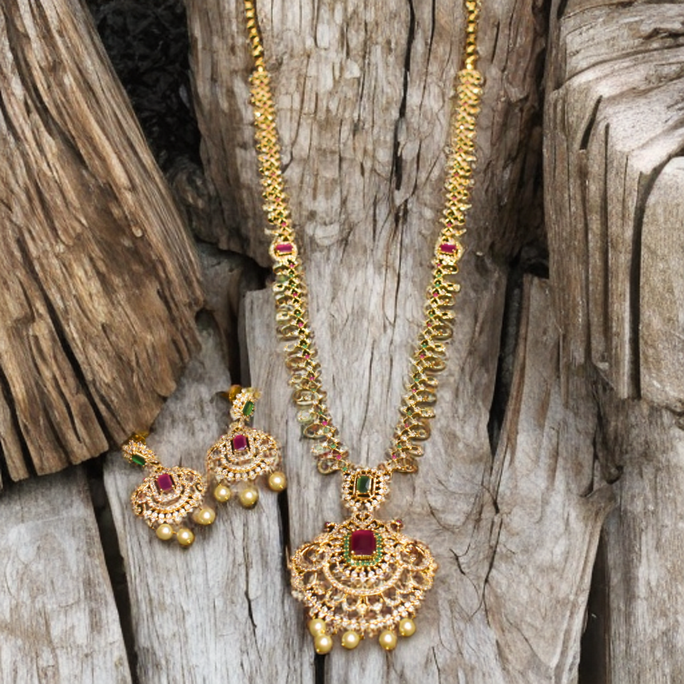 CZ Gold Plated Long Necklace Set - Exquisite Bridal Statement Jewelry