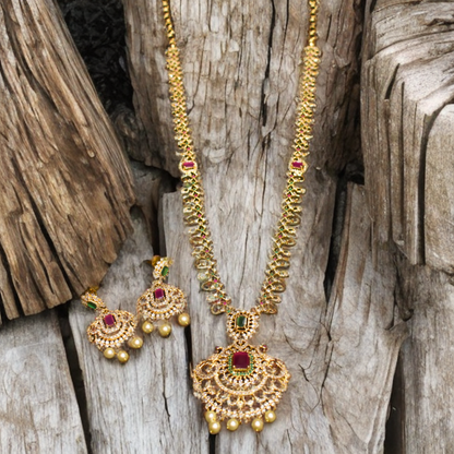 Asp Cz Gold Plated Long Necklace Set