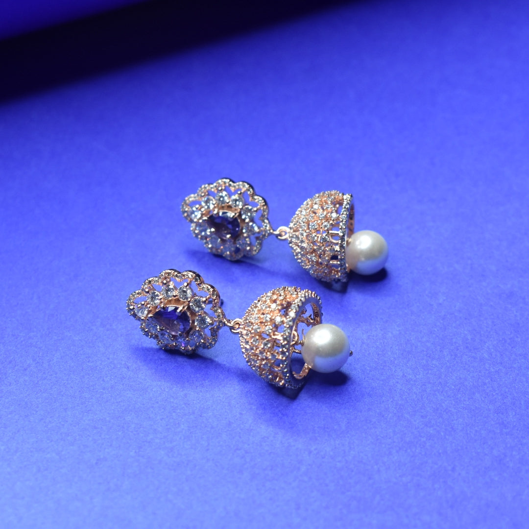 Rose Gold Cubic Zircon Necklace Set with Jhumkas - CZ Jewelry