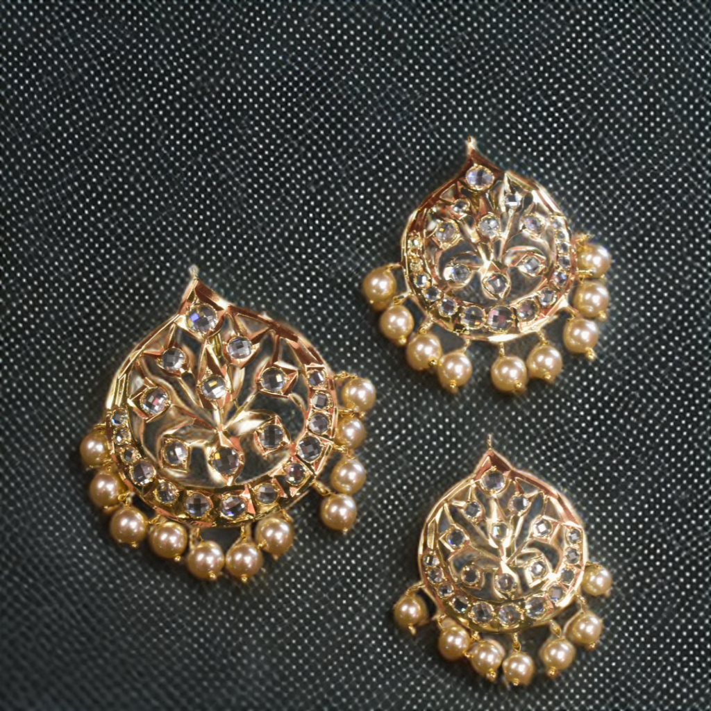 Traditional Polki Jada Billau Set - 24K Gold Plated 3 Piece Bridal Hair Jewelry