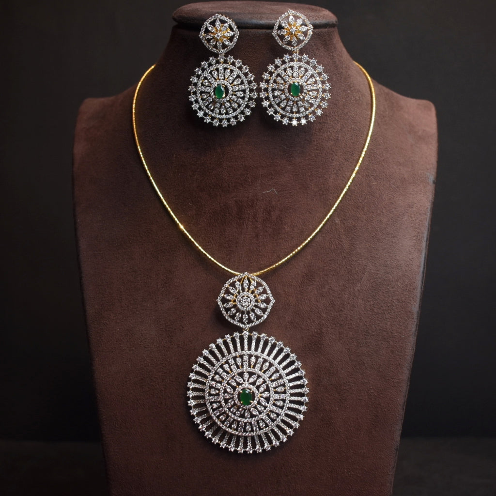 Gold Plated American Diamond Pendant Set with Earrings - 24K GJ Finish